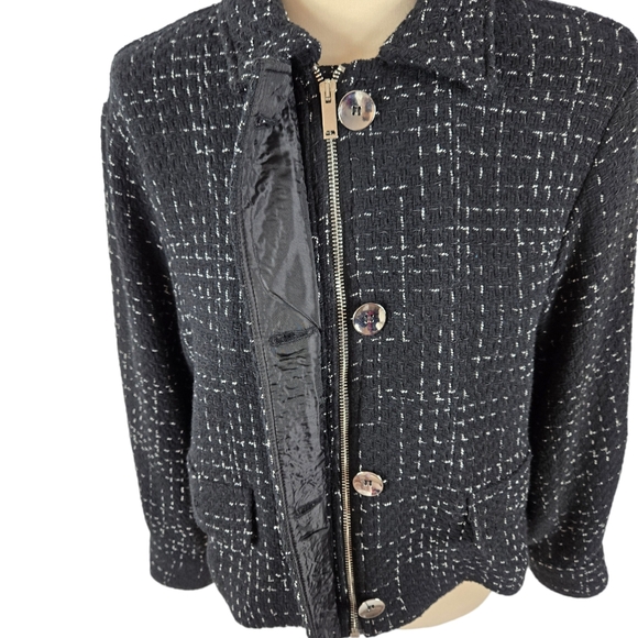 Zara Structured Tweed Black Jacket Silver Metal Buttons - Picture 8 of 16